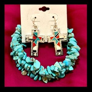🎁Turquoise and Silver Cross Earrings and Bracelet Set